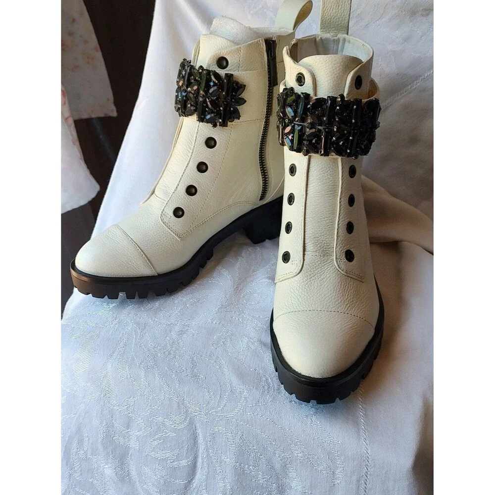 Karl Lagerfeld Women's Pippa Lug Sole Combat Boot Black Rhinestones Size 6